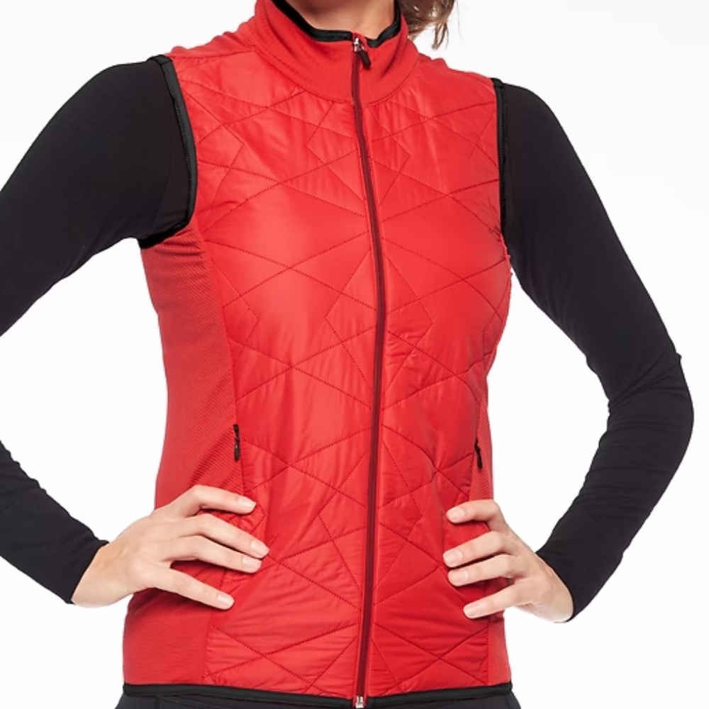 ATHLETA S Insulated Flurry PrimaLoft Vest Radiant Red Mock Neck Ribbed Zip